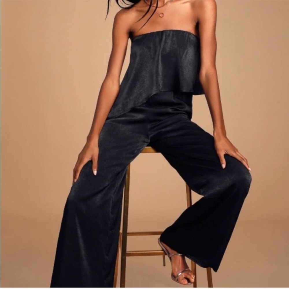Raven Black Satin Strapless Wide Leg Jumpsuit